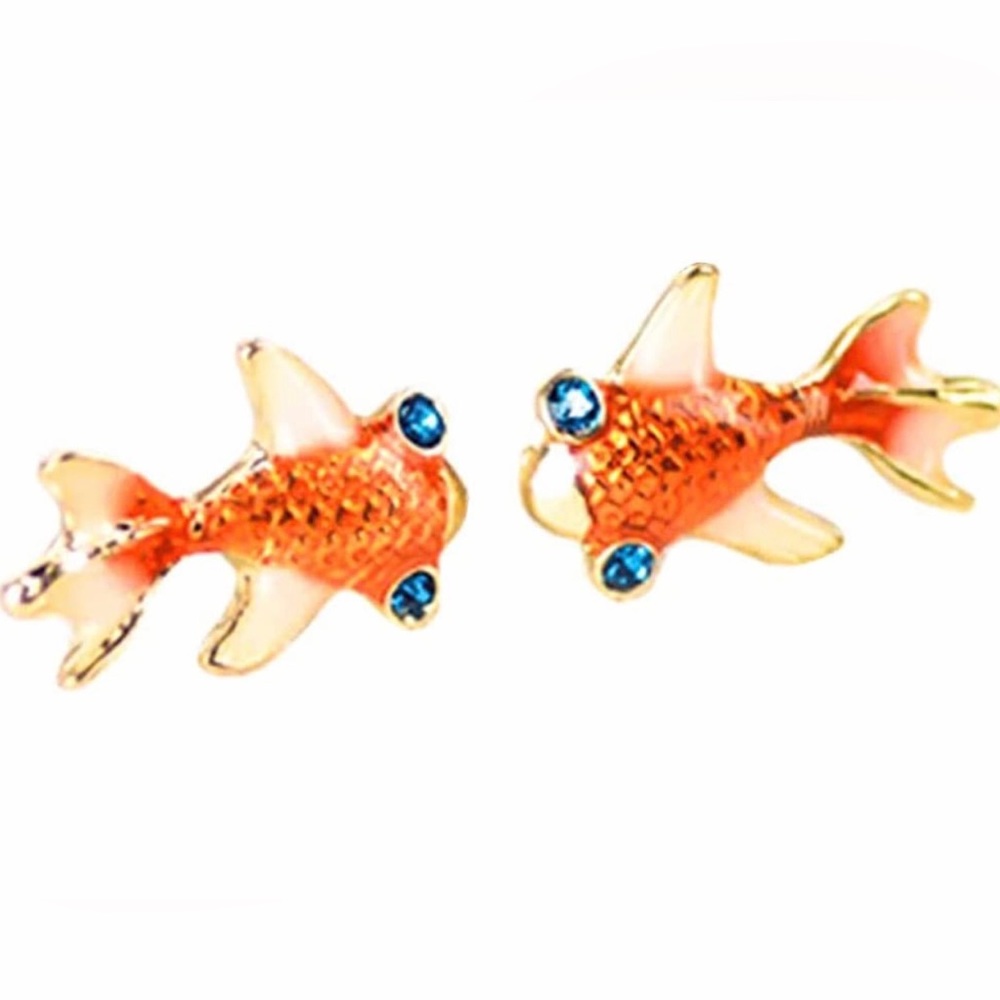 “Goldfish” Orange Scaly Blue-Eyed Rhinestone Fish Ocean Dainty Mini Cutesy Studs - Picture 9 of 10